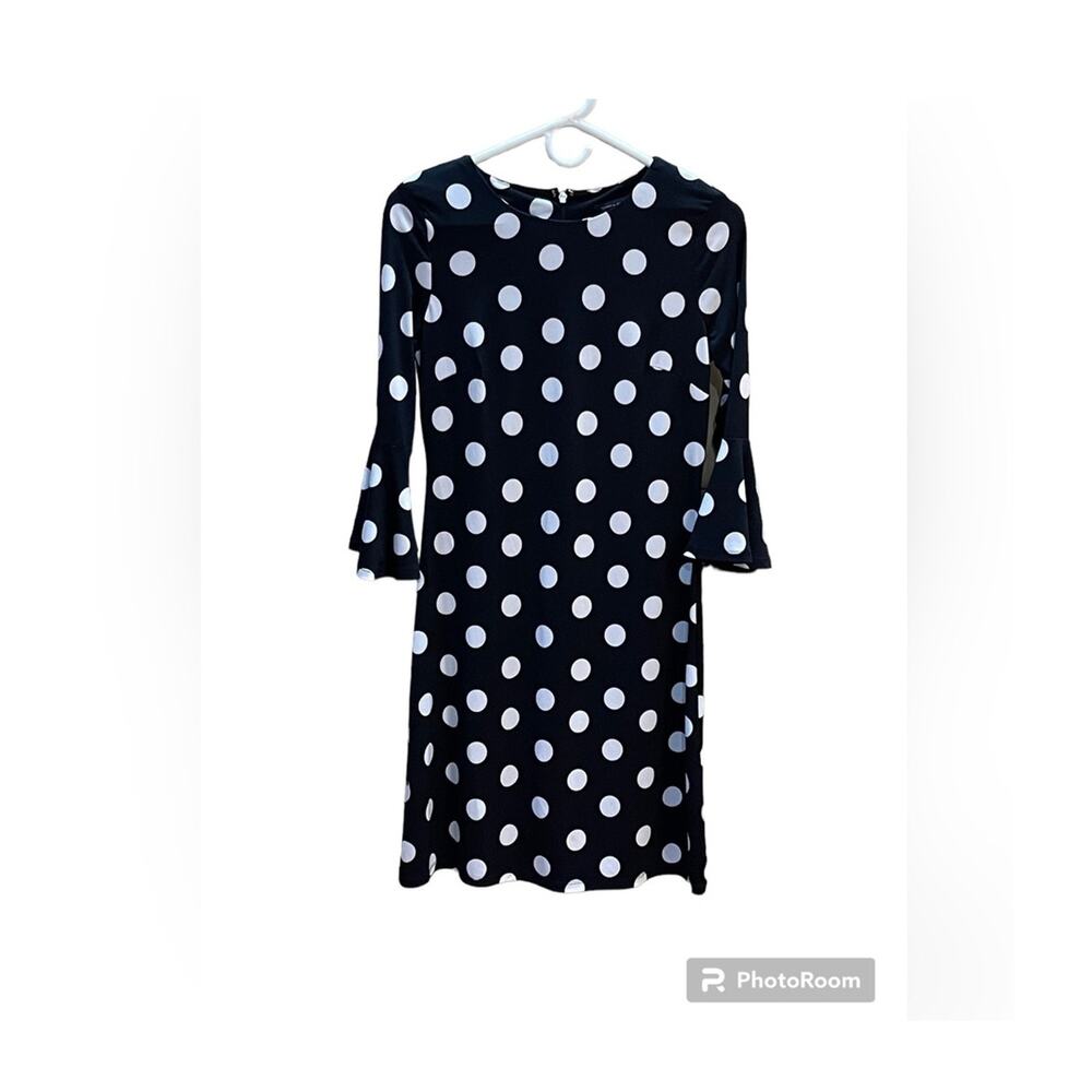 Tommy Hilfiger Womens Black Polka Dot Shift Bell Sleeve Dress Size 2